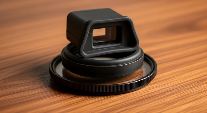 Black electronic viewfinder and camera lens filter on a warm wooden surface