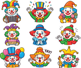 Naklejka premium Colorful set of cartoon clown stickers featuring various funny expressions and festive party celebration themes