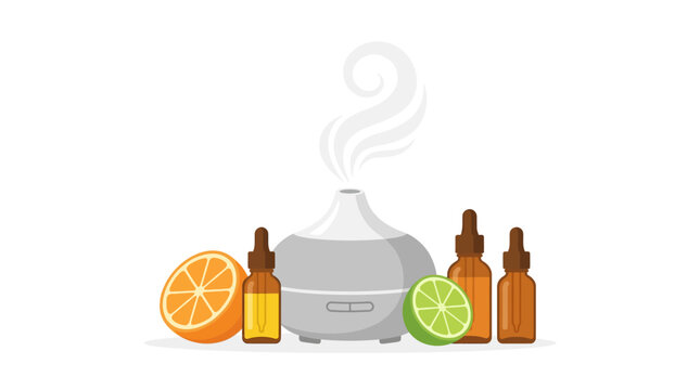 Electric aroma diffuser emitting steam with essential oils and citrus fruits flat design vector illustration