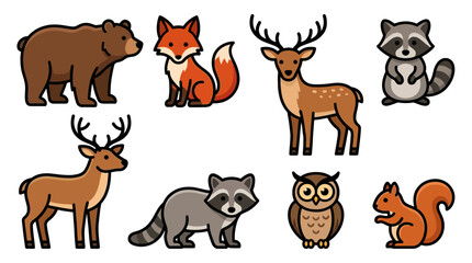 Fototapeta premium Collection of Various Forest Animals Including Bear Fox Deer Owl Raccoon Squirrel and Raccoon.