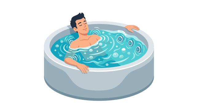 Man relaxing in a modern circular whirlpool hot tub enjoying hydrotherapy wellness flat vector illustration.
