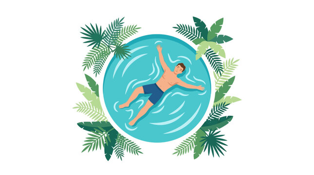 Man relaxing floating on his back in a tropical circular pool surrounded by palm leaves flat design vector illustration