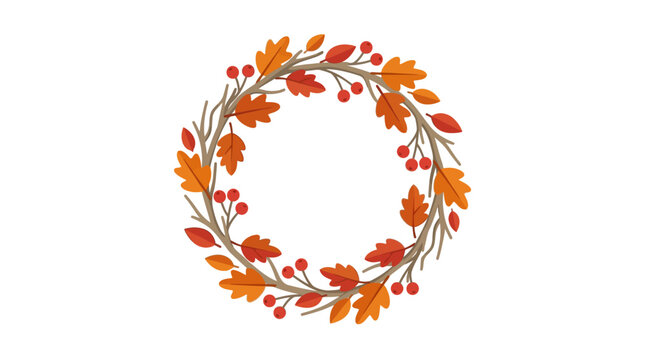 Minimalist autumn wreath featuring oak leaves and red berries for harvest celebration flat vector illustration.
