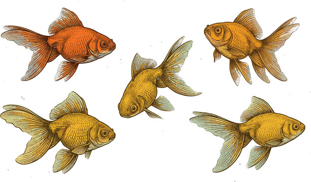 Goldfish sketch collection featuring detailed vintage hand drawn orange aquarium fish with textured scales and elegant fins for aquatic nature designs