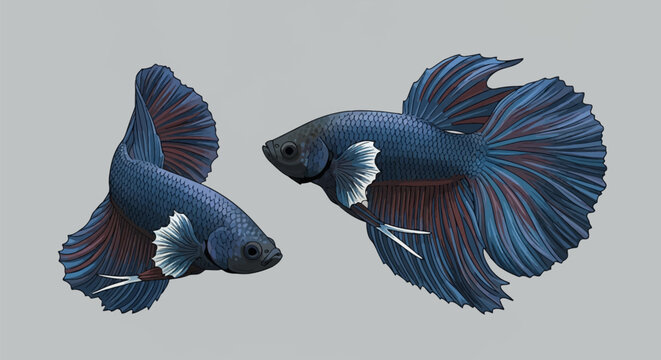 Detailed vector illustration of two blue Siamese fighting fish, Betta splendens, with flowing fan-like fins and iridescent scales, isolated on a neutral grey background for design.