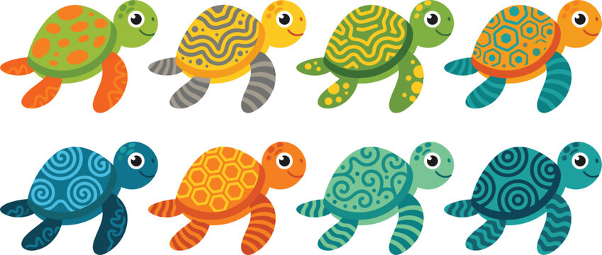Turtle cartoon vector collection featuring cute sea tortoises with colorful geometric patterned shells for childish stickers and textile surface designs