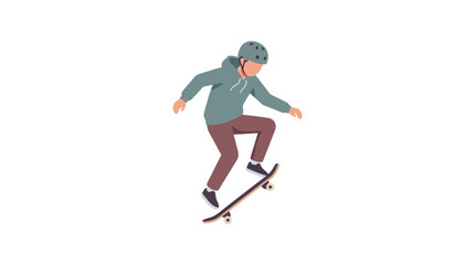 Naklejka premium Active teenage boy performing skateboard jump trick in mid-air with safety helmet flat vector illustration.