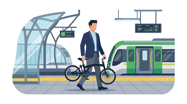 Businessman carrying folding bicycle while commuting at modern urban train station flat design vector illustration