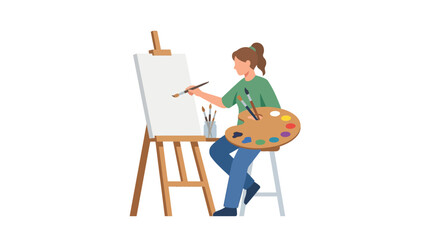 Fototapeta premium Creative female artist painting on white canvas with wooden easel and color palette flat design vector illustration