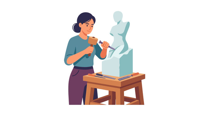 Creative female artist sculpting stone statue with chisel and mallet in art studio flat vector illustration