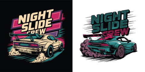 Retro pixel art illustration featuring a drifting sports car racing scene © Vectyx
