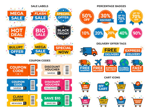 Online Shopping Sale Labels Coupon Codes and Delivery Tags Set