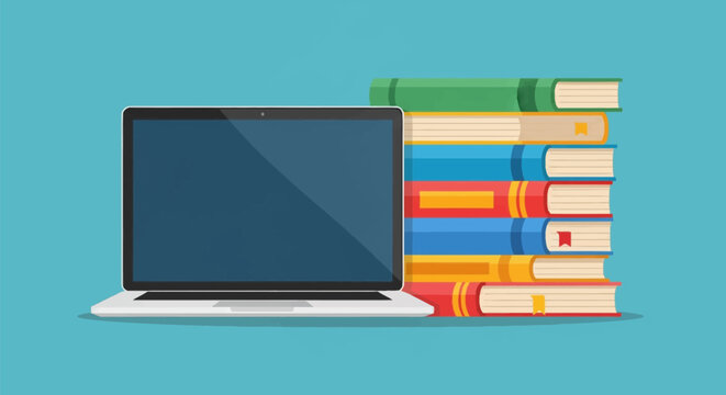 Flat vector illustration of a silver laptop computer next to a stack of seven colorful hardcover books representing digital and traditional education on a teal background.