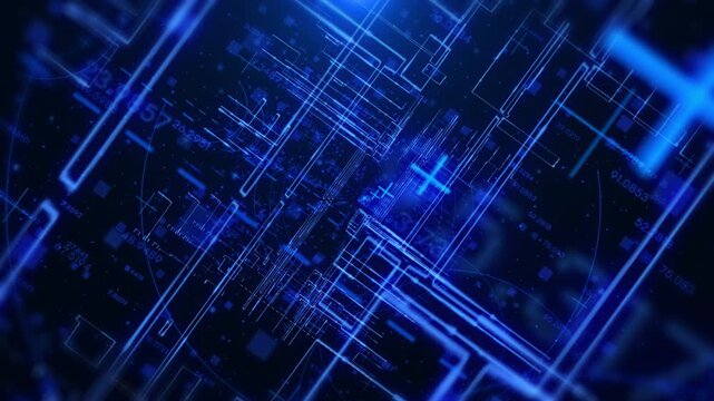 Blue Digital Matrix Technology Grid Background. Abstract High-Speed Cyber Data Network Connection, Blockchain Analytics, and Virtual Server Storage Motion Graphic Elements.