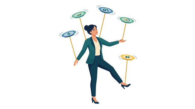 Business woman balancing multiple spinning plates with corporate icons depicting multitasking flat design vector illustration