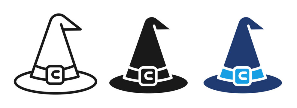 Halloween Witch Hat Icon Set, Wizard Hat Outline, Glyph and Color Vector Illustration, Editable Halloween Costume Symbol
