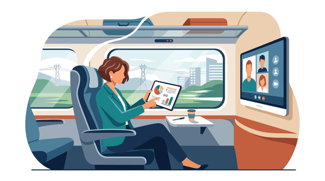 Businesswoman presenting marketing reports during video conference call on a moving train flat design vector illustration
