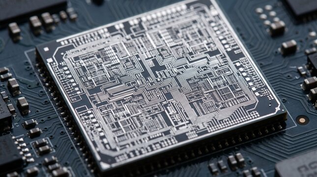 Microchip processor sits mounted on a dark green printed circuit board with intricate metallic pathways.