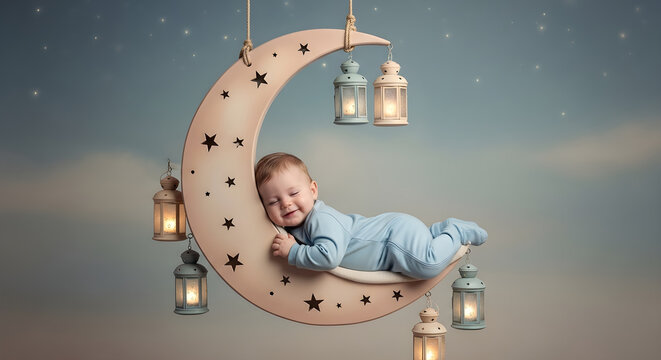 Dreamy baby sleeping on crescent moon swing with glowing lanterns and stars