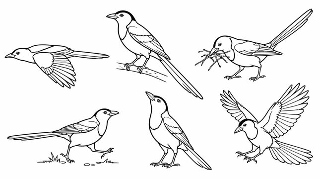 Set of magpie bird illustrations in various poses, line art vector