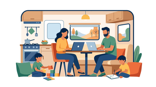 Digital nomad family working remotely on laptops while children play inside a cozy camper van flat vector illustration.