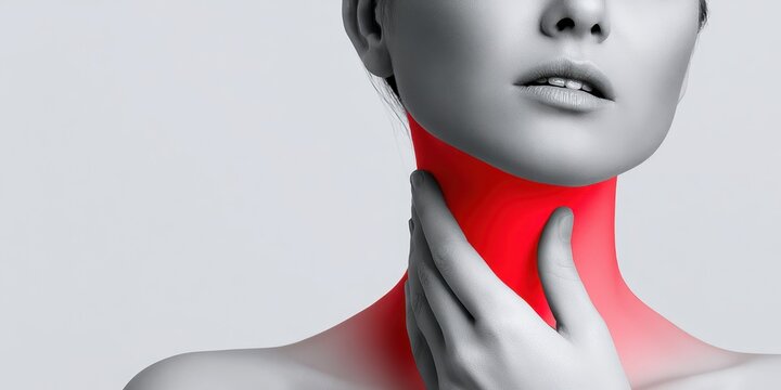 Woman touches neck to thyroid gland disease symptoms. Glowing red sign on throat. Endocrine inflammation hypothyroidism goiter node or larynx pain. Lymph node screening, hormones. Awareness campaign