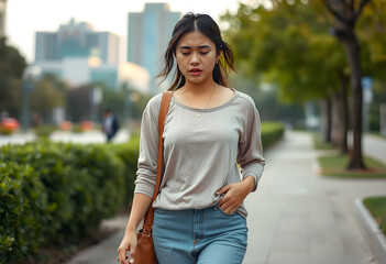 Fototapeta premium Young woman walking in park with abdominal pain