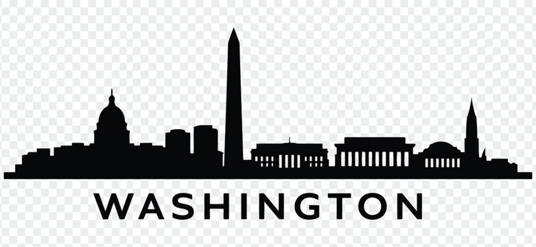 Washington dc city skyline silhouette vector illustration with famous landmarks and text