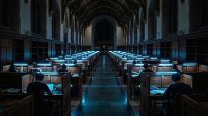 Fototapeta premium Quiet university study hall features endless wooden carrels illuminated by futuristic neon blue desk lamps, creating a moody atmosphere.