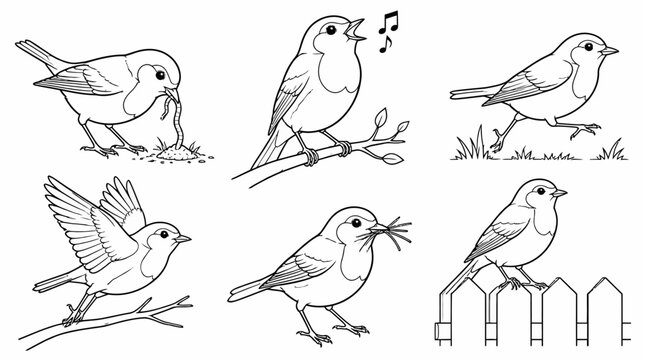 Set of European Robin Bird Illustrations in Various Poses