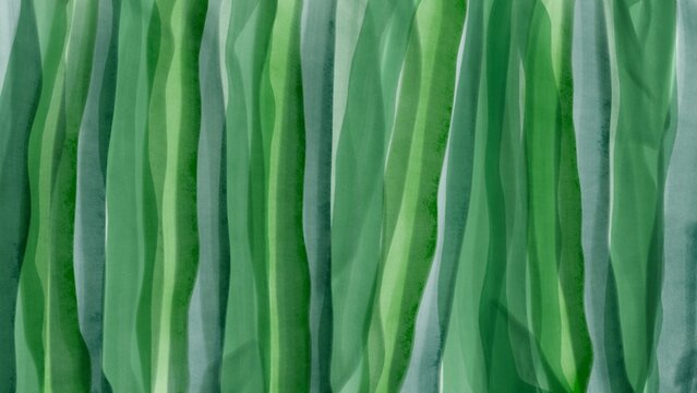 green watercolor-style hand-painted pattern background illustration, randomly overlapping transparent green organza-like vertical lines