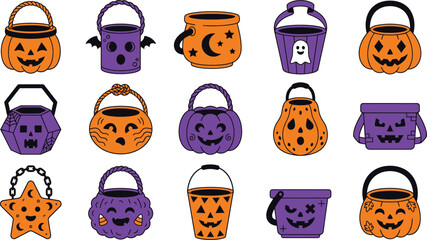 Colorful halloween trick or treat buckets and pails vector illustration © Pixoreas