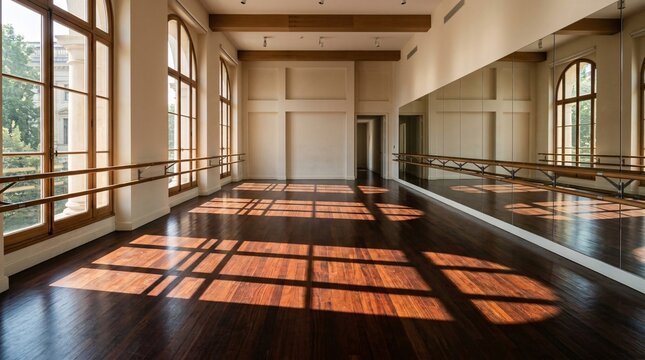 Sunlit empty ballet practice room features a long wooden barre and full-length mirrors with dramatic shadows cast across a polished floor.