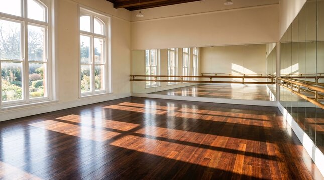 Sunlit empty ballet practice room features a long wooden barre and full-length mirrors with dramatic shadows cast across a polished floor.