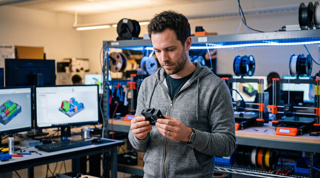 Male engineer inspecting 3d printed prototype at modern additive manufacturing workshop with computers