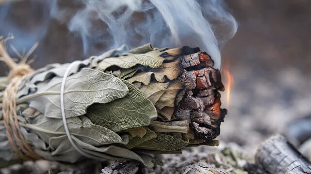 Close-up of a burning white sage bundle smoldering with thick white smoke, macro shot.