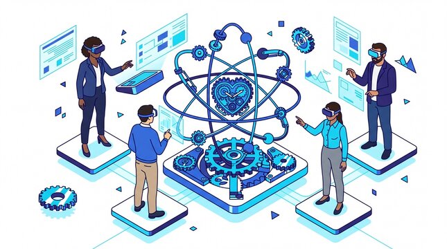 Metaverse virtual reality experience, people interacting with VR and AR technology, digital future and immersive innovation, augmented reality business solutions.