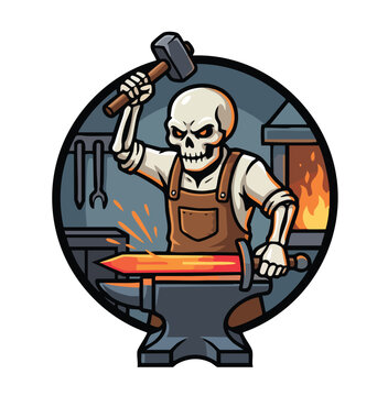 Skeleton blacksmith forging a glowing sword in workshop