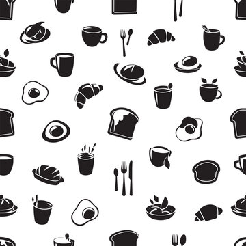 Breakfast and food icons seamless pattern with coffee cup bread egg and croissant motifs