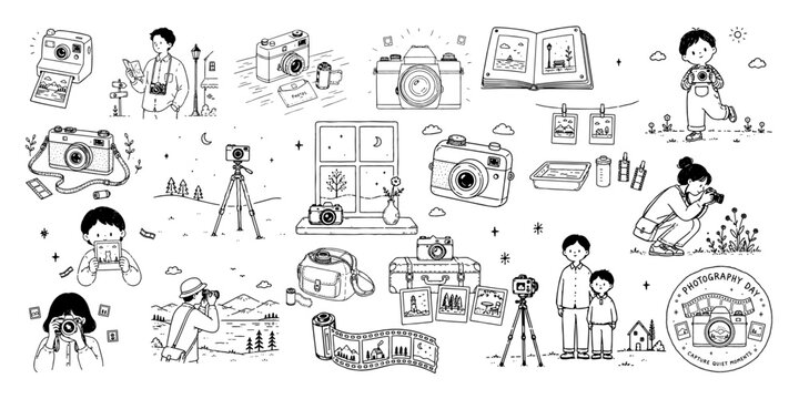 写真の日を楽しむカメラと人物の手描きイラストセット／Photography Day, Camera, Photographer, Hand Drawn Illustration Set
