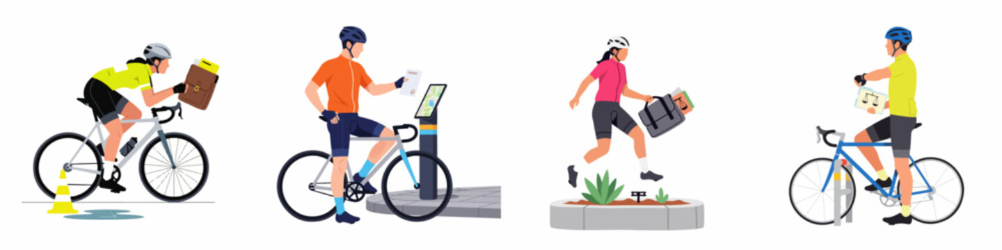 Flat vector illustration set of bicycle messengers and couriers delivering mail, documents, and packages in an urban environment.