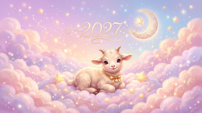 Adorable lamb resting on pink clouds with 2027 new year text and crescent moon