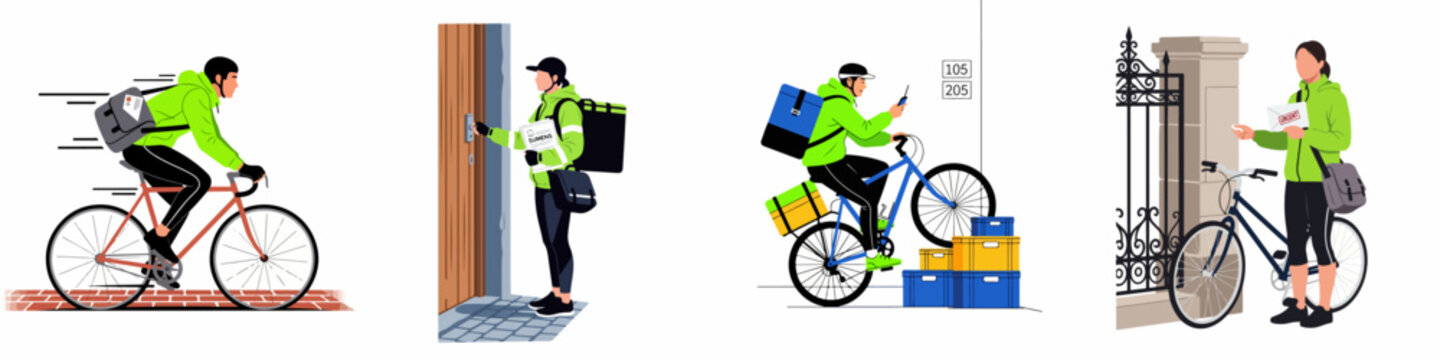 Illustrations of a bicycle delivery courier in a neon green jacket handling letters, parcels, and legal documents throughout the city.