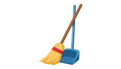 Broom and dustpan standing upright on white background © MSTRUNA