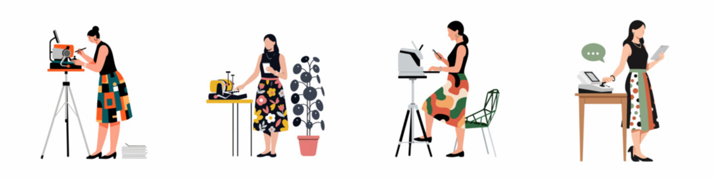 Vector illustrations of professional women working as stenographers and court reporters using stenotype machines in different office and legal settings.