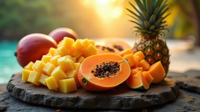 Vivid tropical fruit platter with mango papaya pineapple on dark stone, glowing bokeh beach background
