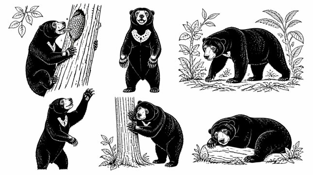 Sun Bear Set in Various Poses, Hand Drawn Vector Illustration