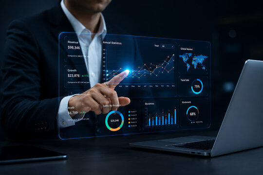 Businessman interacting with digital data dashboard showing growth metrics and statistics.