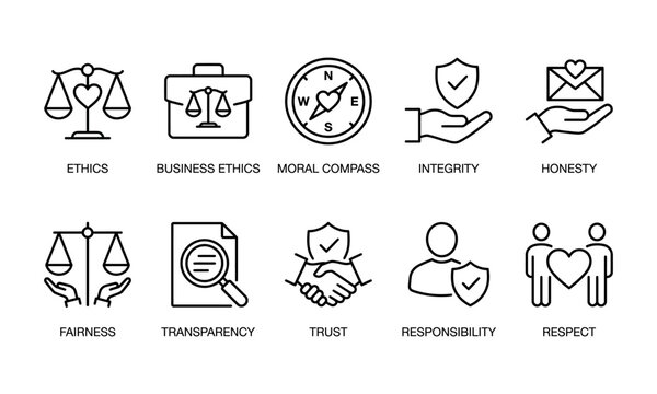 Corporate business ethics core moral values and professional integrity line icon set vector. Ideal for company culture presentations human resources governance guidelines and transparency reports.