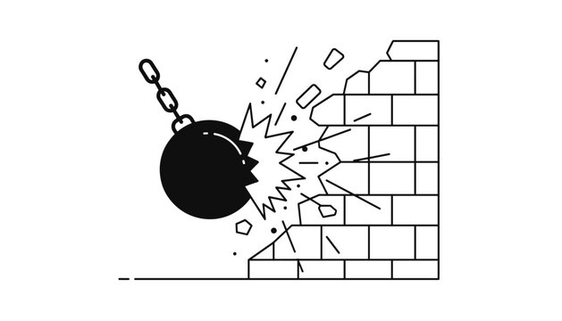 Heavy wrecking ball on a chain impacts and destroys a brick wall as part of a building demolition project in an urban construction site.